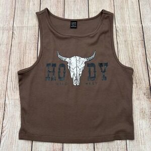 SHEIN Womens Brown Ribbed Howdy Wild West Steer Skull Graphic Tank Top Size S 4